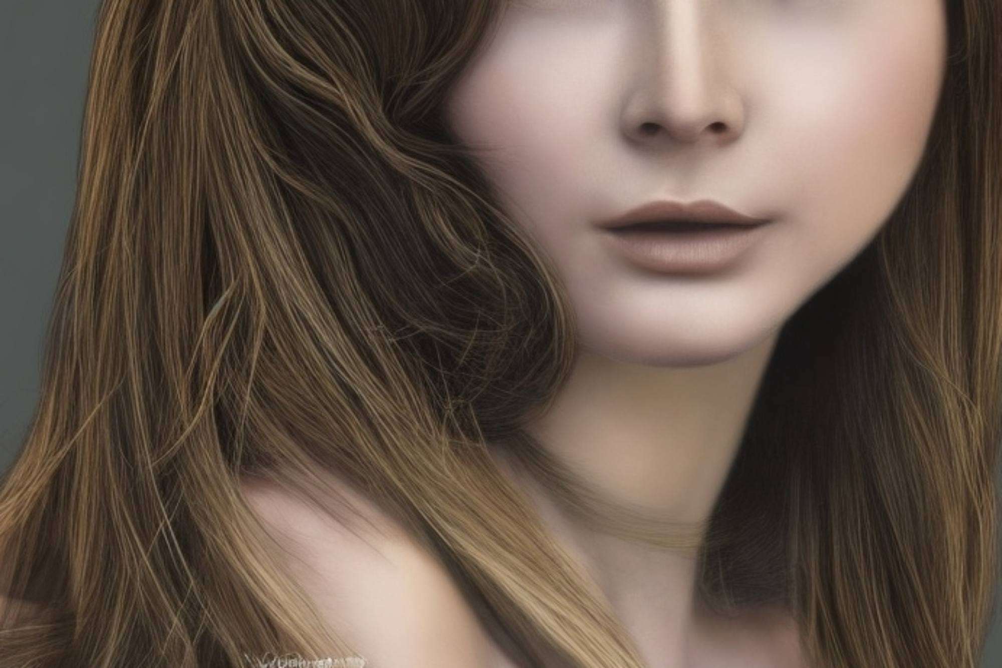 Dettaglio di viso di donna molto delicato con lunghi capelli castani sani, luminosi e forti, il risultato di una corretta cura dei capelli