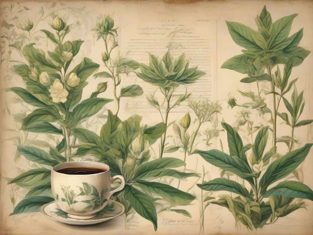 Immagine vintage di una tavola botanica che ritrarepiante di Tè Ceylon "Orange Pekoe" su uno sfondo color crema