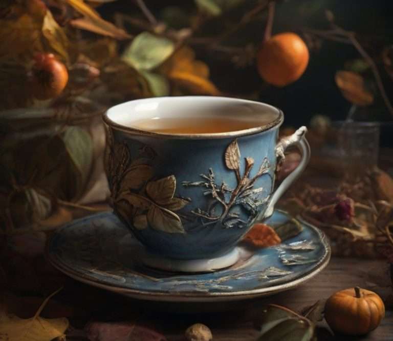 Tazza azzurro pallido finemente lavorata con motivi floreali in rilievo contenente il Tè Ceylon Orange Pekoe dal colore dorato e luminoso. Sullo sfondo rami e foglie con tondi mandarini di un delicato arancione