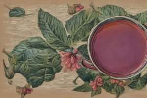 Immagine grafica vintage che mostra una tazza di tè nero assam di colre rosso ambrato vista dall'alto, intorno Fogli e fiori delicatamente rosa della pianta del tè. Il tuttio su uno sfondo delicatamente neutro
