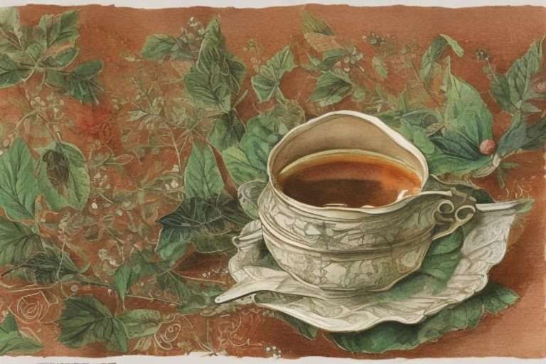 Bellissima stamapa vintage che raffigura una tazza di tè nero Earl Grey in finissima porcellana bianca decorata con motivi grigio verdi su un piattino a forma di foglia. Sullo sfondo foglie di tè con fiori e frutti.