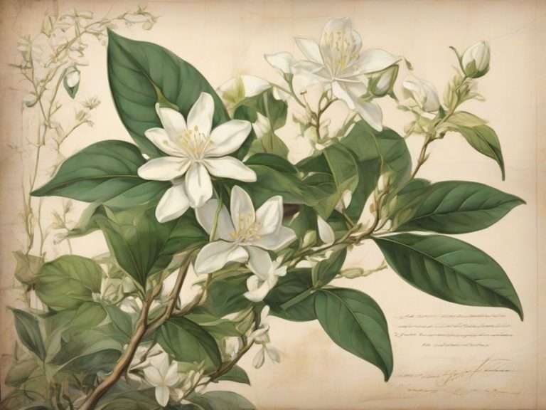 Tavola botanica di una pianta di gelsomino con grandi fiori nìbianchi e grosse foglie di un bel verde scuro su sfondo neutro chiaro. I fiori vengono utilizzati per profumare il tè verde al gelsomino