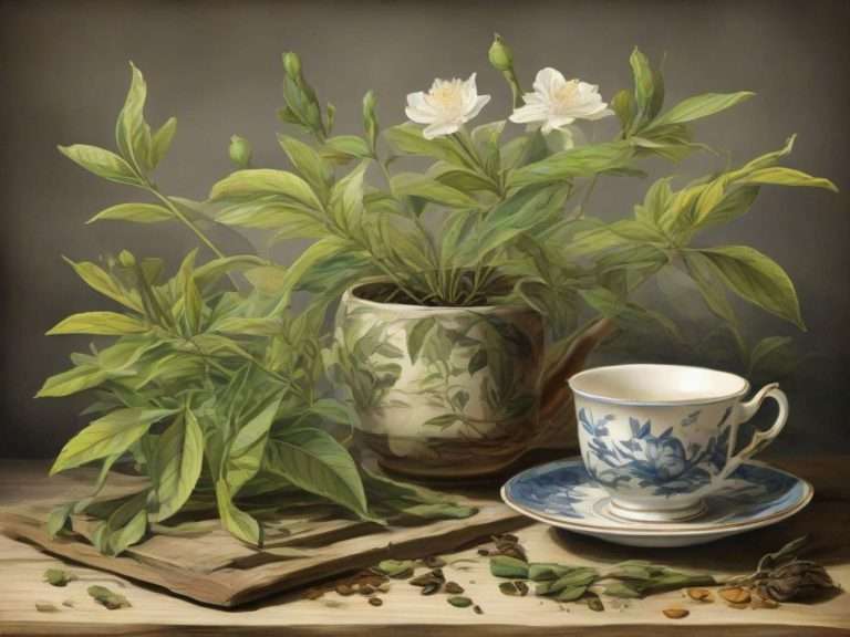 Bellissima immagine vintage di una tazza in fine porcellana inglese bianca e azzurra accanto ad un vaso decorato in verde con una pianta di Tè Oolong