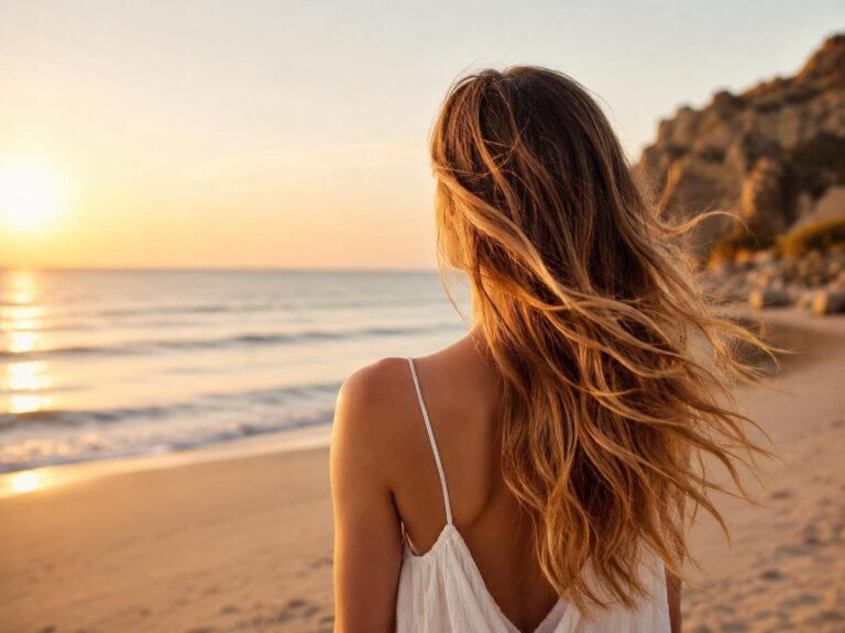 Donna sulla spiaggia al tramonto con capelli lunghi illuminati dal sole, immagine per articolo su come preparare i capelli per l’estate