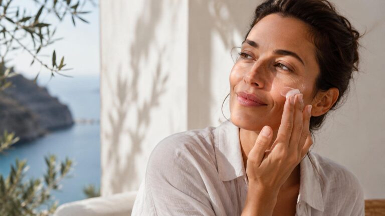 Donna al sole con skincare estiva sul viso, immagine per articolo su quali creme viso usare in estate