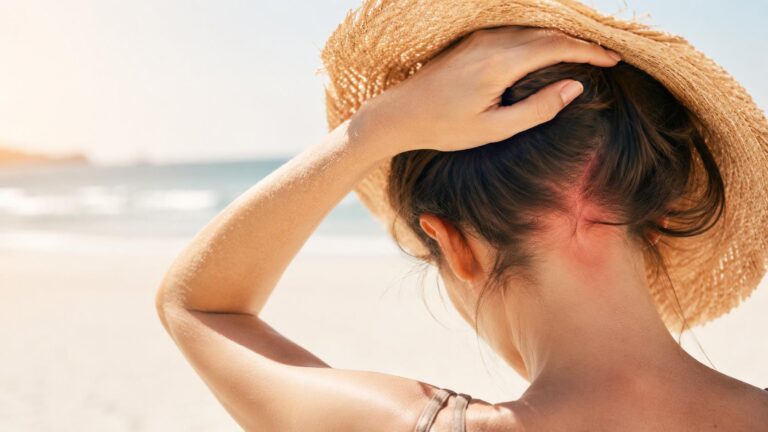 Donna al mare con cappello e capelli esposti al sole, immagine utile per parlare di scottature del cuoio capelluto e cute sensibilizzata dopo l’esposizione solare