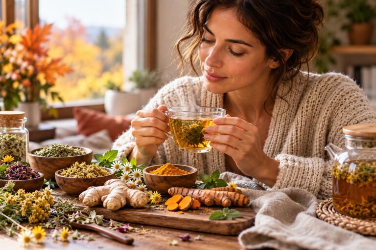 Donna con una tisana calda circondata da piante officinali, zenzero e curcuma, immagine per articolo sulle tisane antinfiammatorie