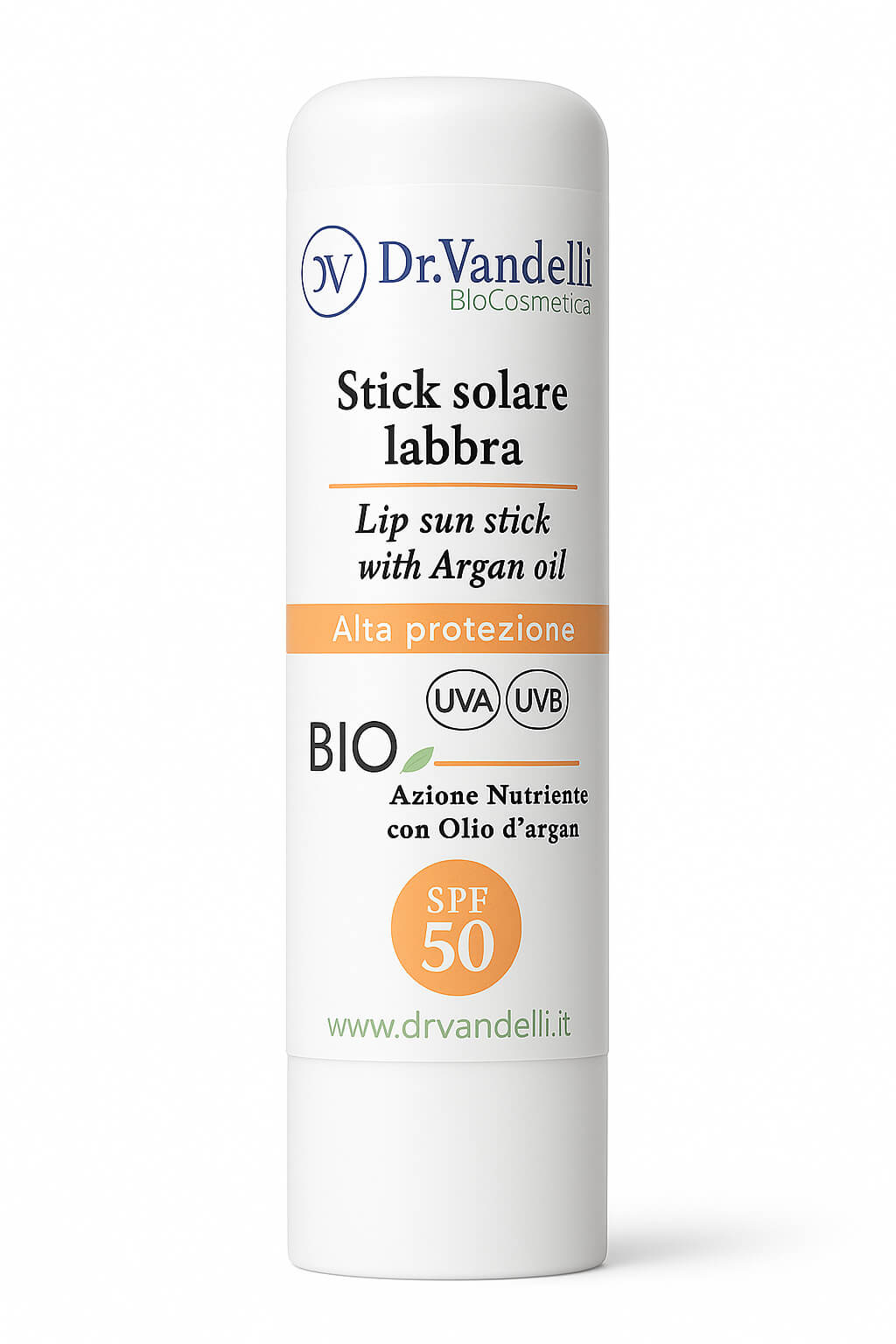Rendering prodotto: stick solare labbra fotoprotettivo SPF 50 Dr. Vandelli in stick bianco con etichetta verde e blu, alta protezione UVA/UVB, immagine per e-commerce.