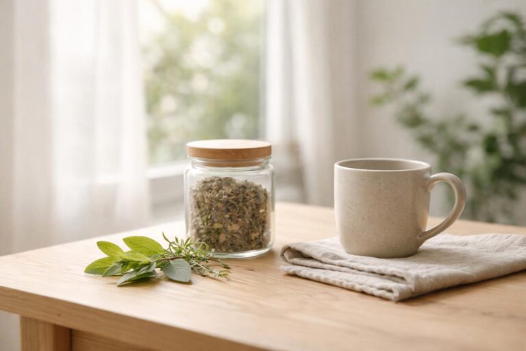 Tavolo in legno con barattolo di erbe secche, foglie verdi e tazza in ceramica alla luce naturale, simbolo di benessere naturale consapevole