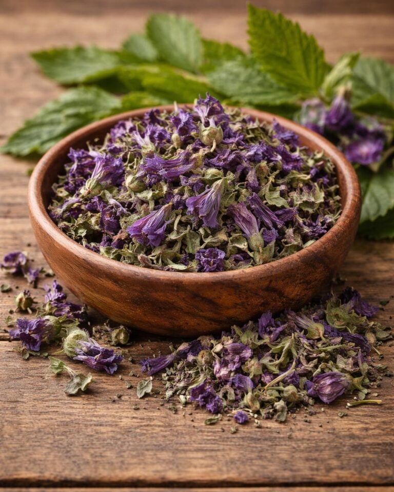 Malva essiccata con fiori chiusi e foglie, ideale per tisane e infusi ad azione lenitiva sulle mucose