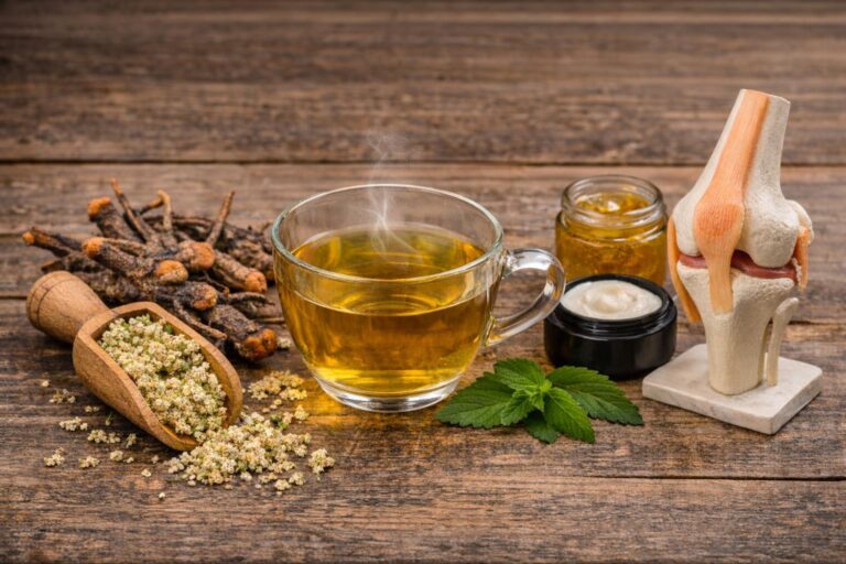 Tisana antinfiammatoria per dolori articolari con erbe officinali su tavolo in legno