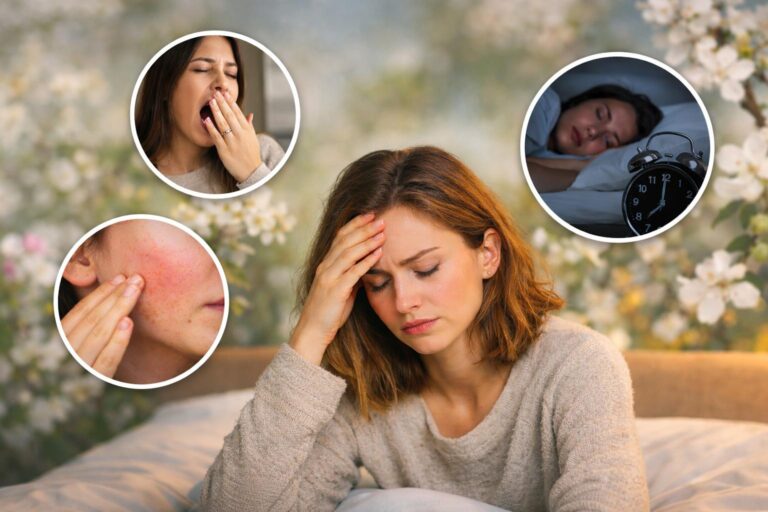 Donna con sintomi misti in primavera tra stanchezza, pelle reattiva e sonno leggero