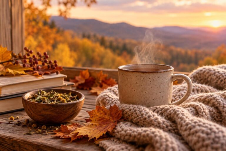 Tisana calda e piante officinali in un paesaggio autunnale, immagine per articolo sul cambio di stagione in autunno